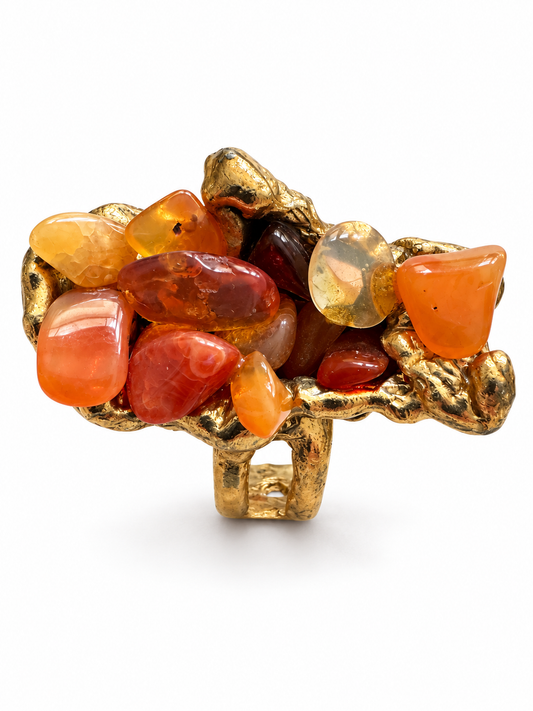 1970s large Rock chip statement ring in rust and orange tones