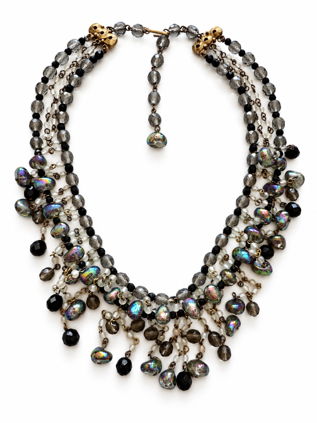 1950s signed KRAMER glass tassel necklace~ smoky gray, and black stones
