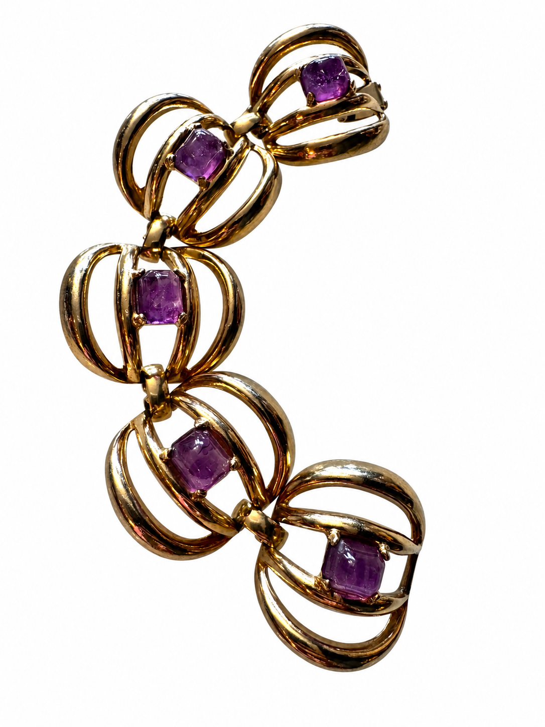 1970s gold tone and amethyst colored 3-D bracelet