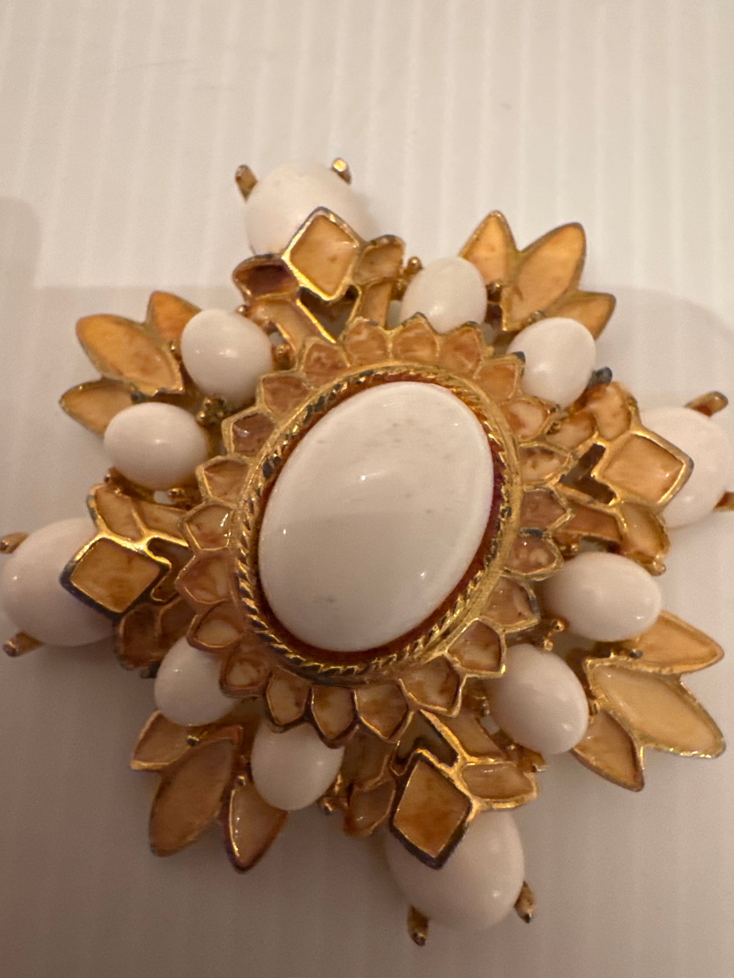 mid-century signed Plotinus milk glass brooch with enamel