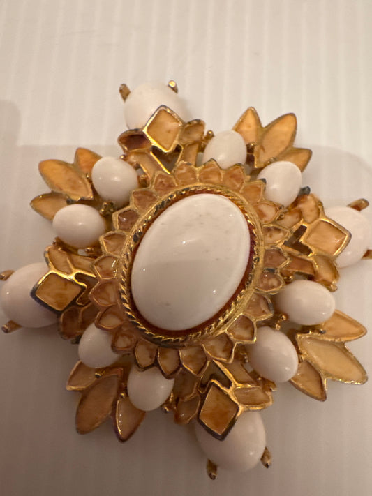 mid-century signed Plotinus milk glass brooch with enamel