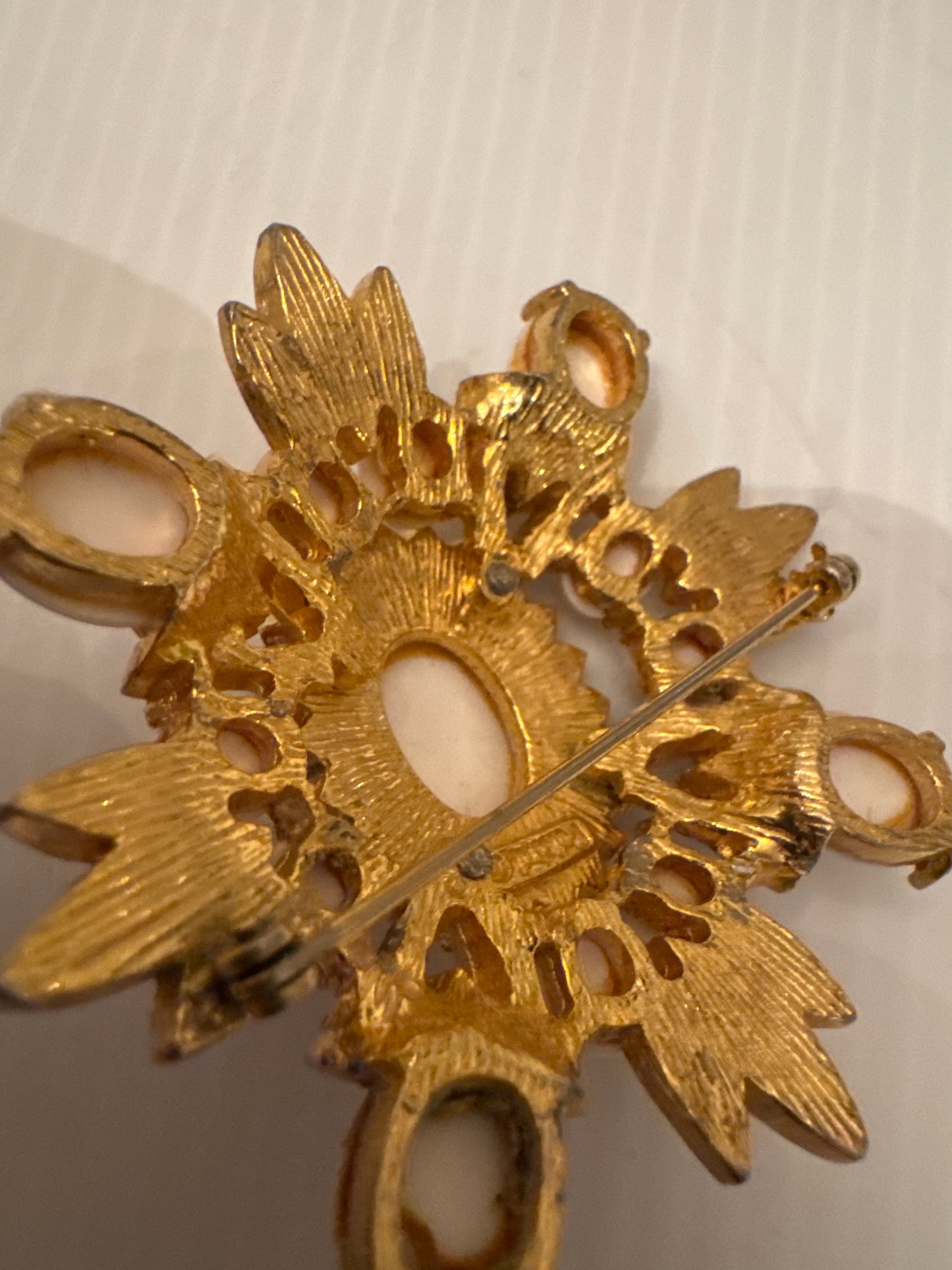 mid-century signed Plotinus milk glass brooch with enamel