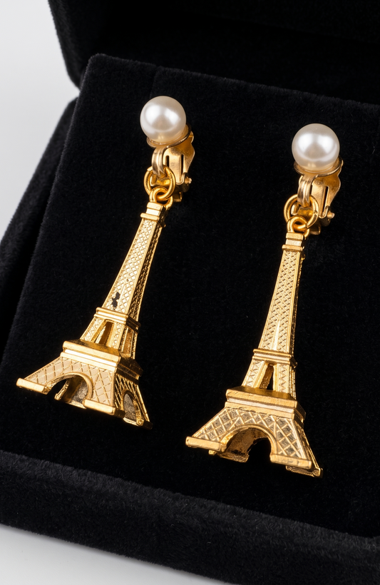 Vintage clip on Eiffel Tower with pearl earrings. From the collection of Linda Fargo