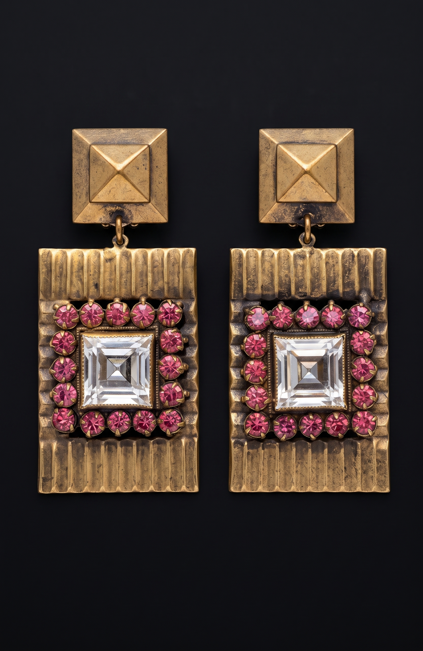 1940s dangle JOSEFF of Hollywood earrings with rhinestone and glass centerstone