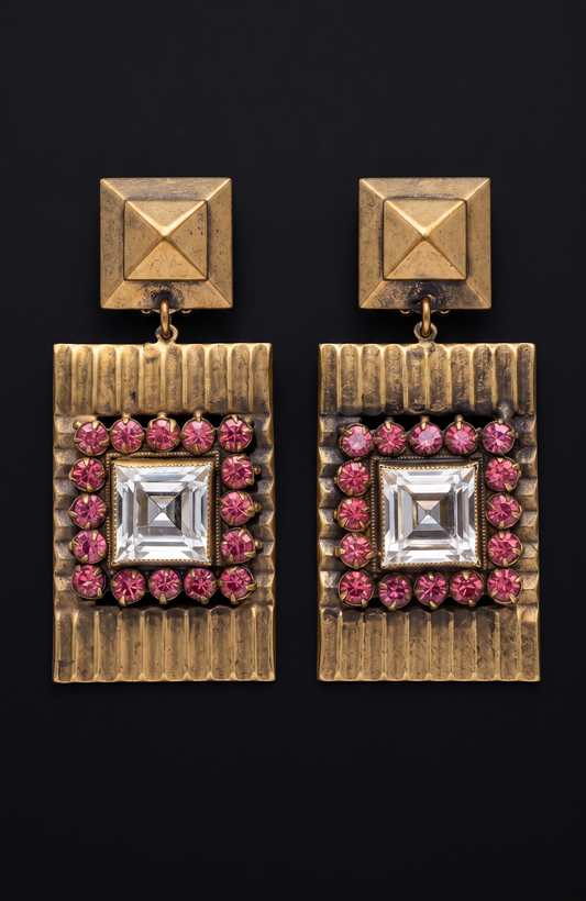 1940s dangle JOSEFF of Hollywood earrings with rhinestone and glass centerstone