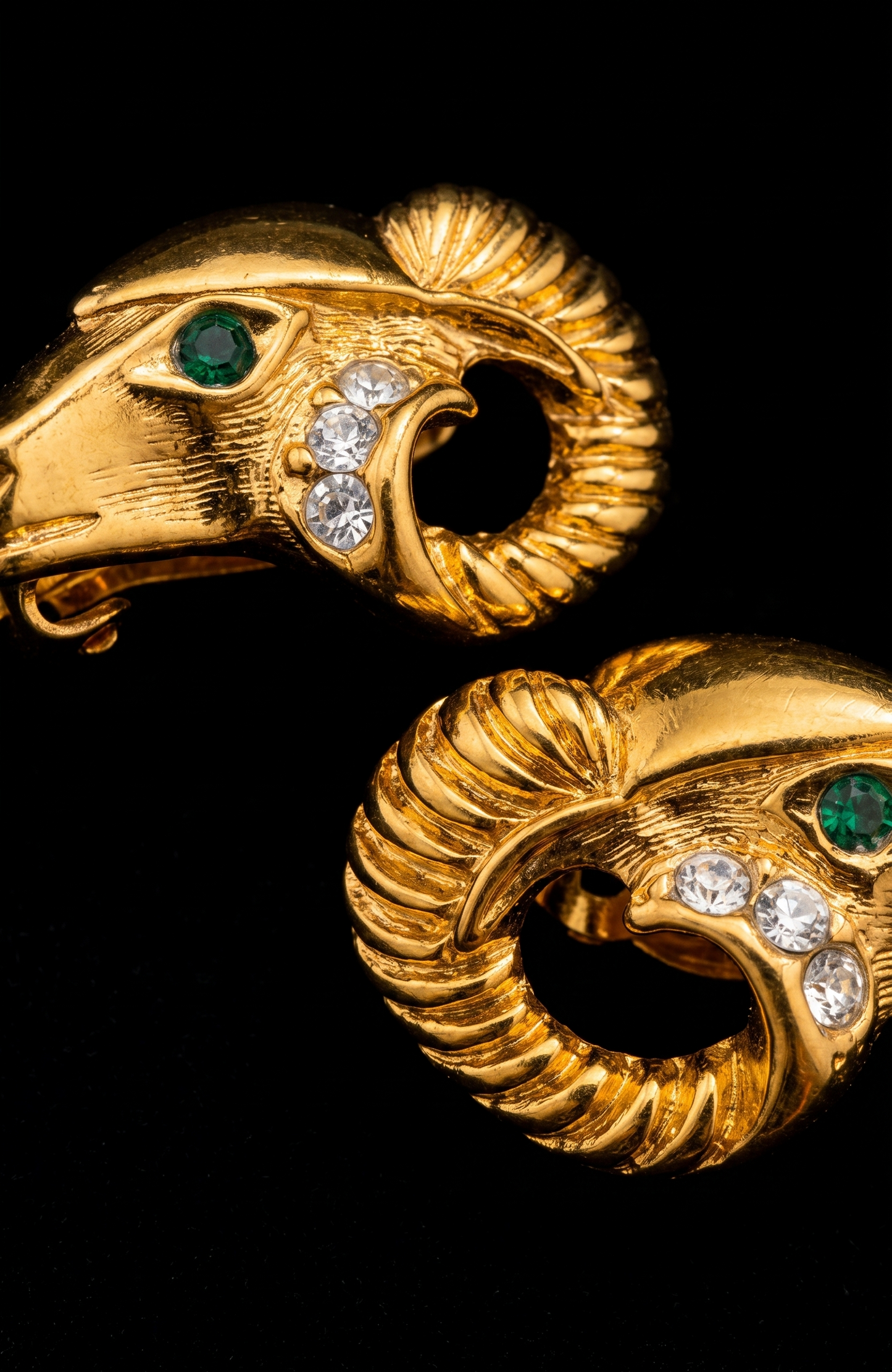 1970s signed KJL for Avon rams head earrings with rhinestones
