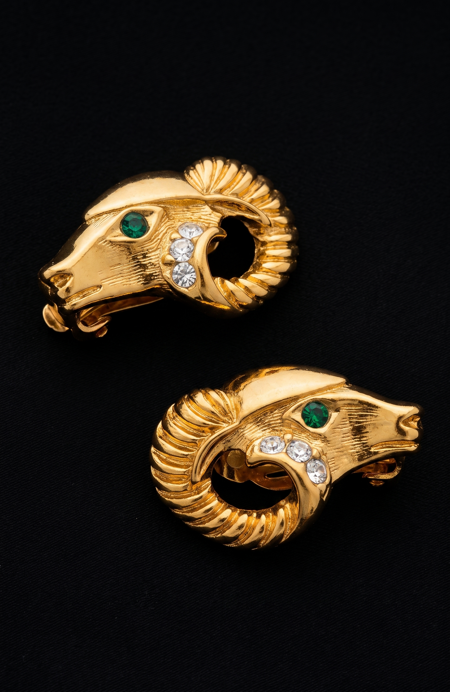 1970s signed KJL for Avon rams head earrings with rhinestones