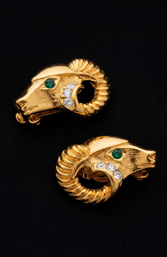 1970s signed KJL for Avon rams head earrings with rhinestones