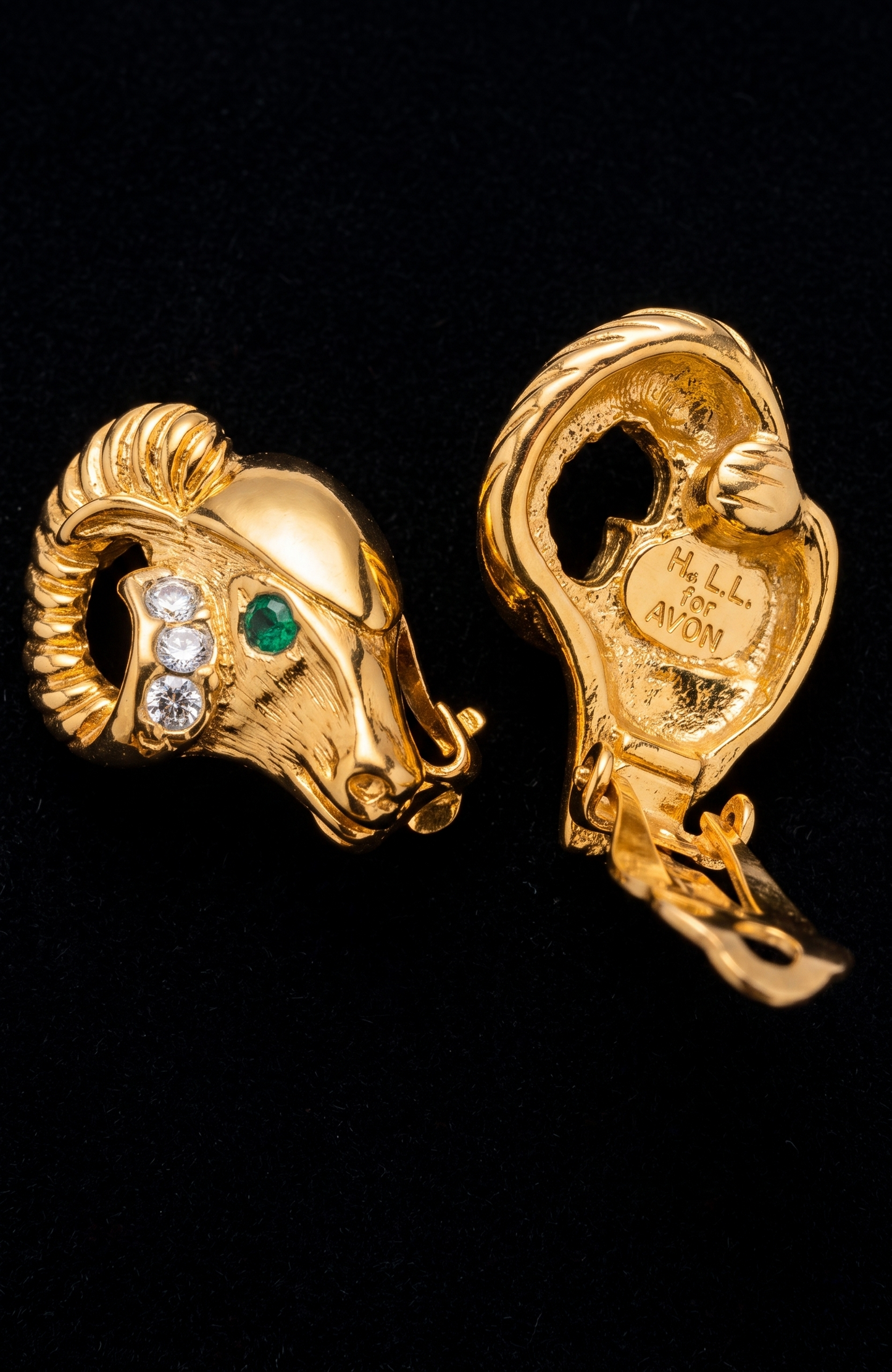 1970s signed KJL for Avon rams head earrings with rhinestones