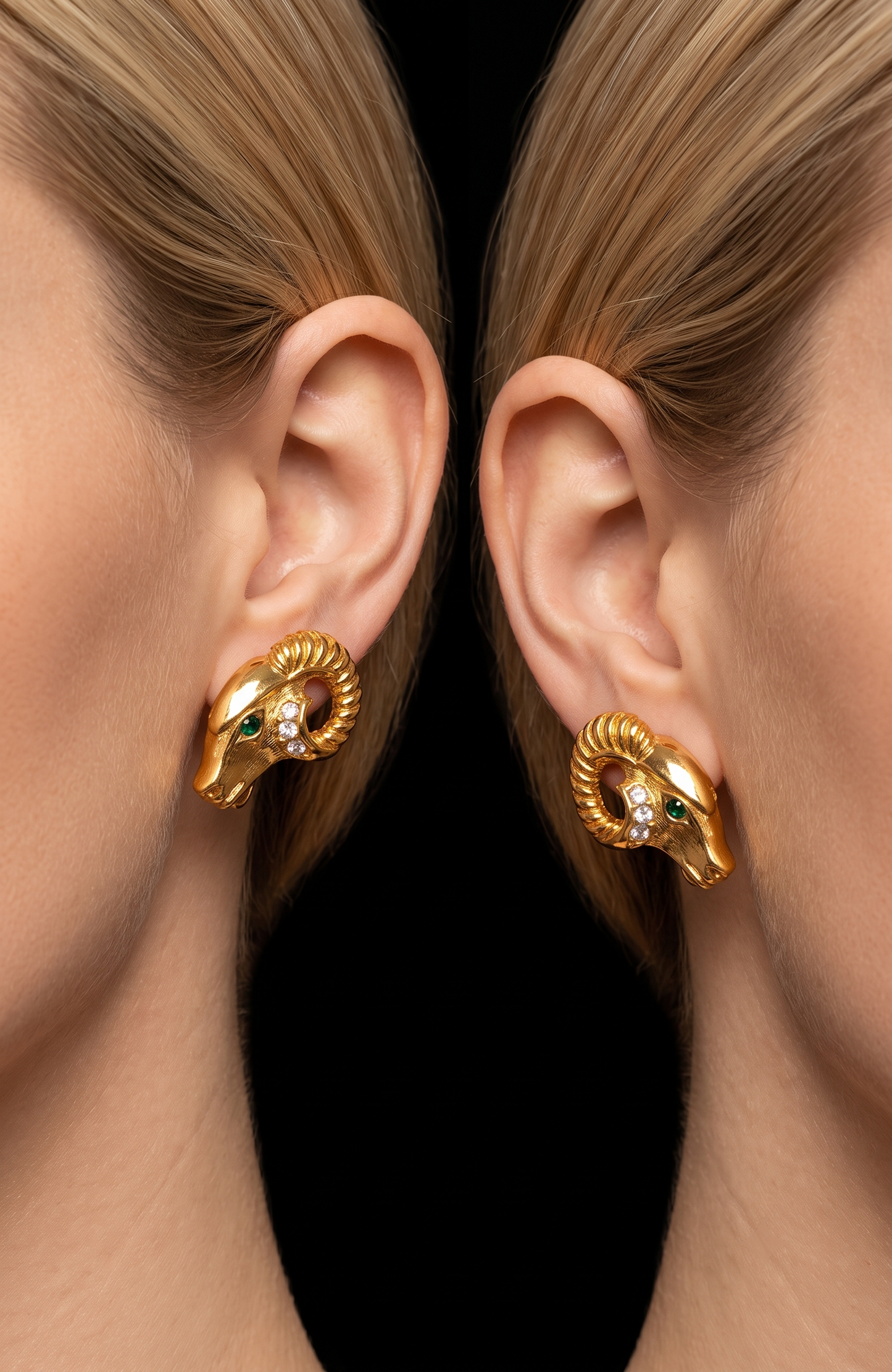 1970s signed KJL for Avon rams head earrings with rhinestones