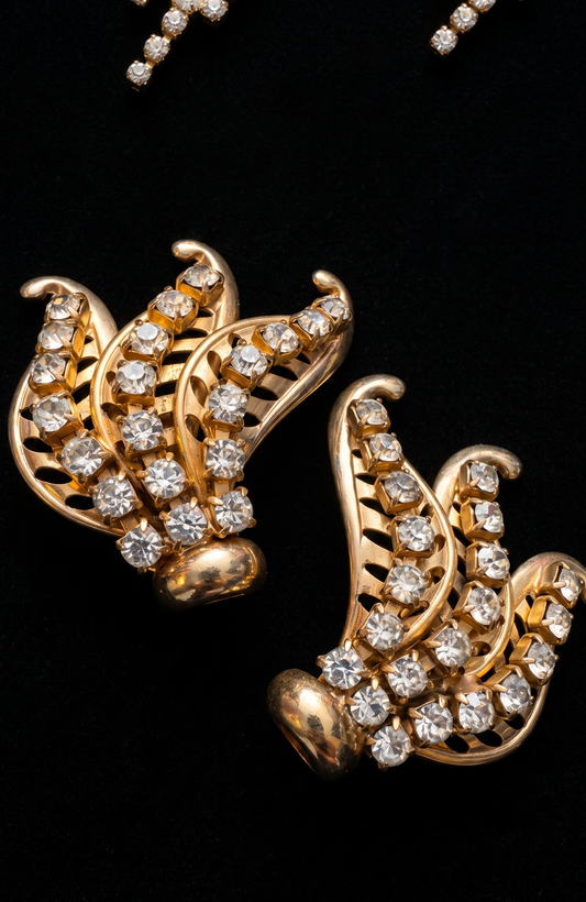 1940s clip on climber, gold tone rhinestone statement earrings