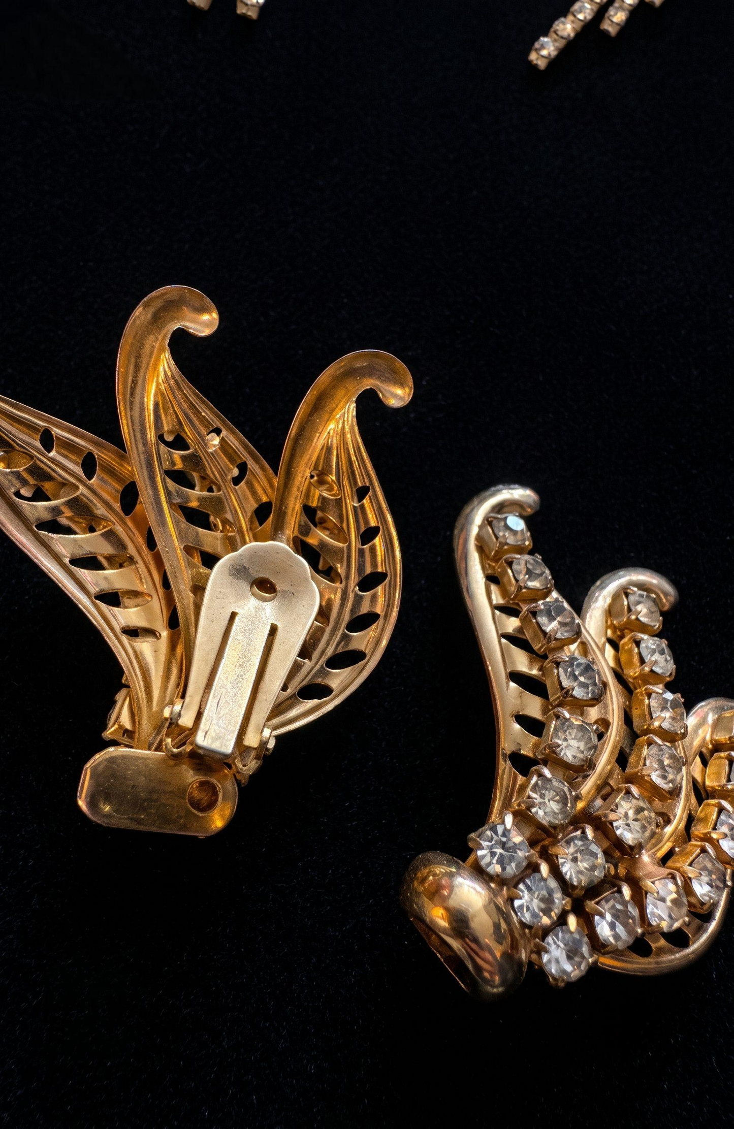 1940s clip on climber, gold tone rhinestone statement earrings