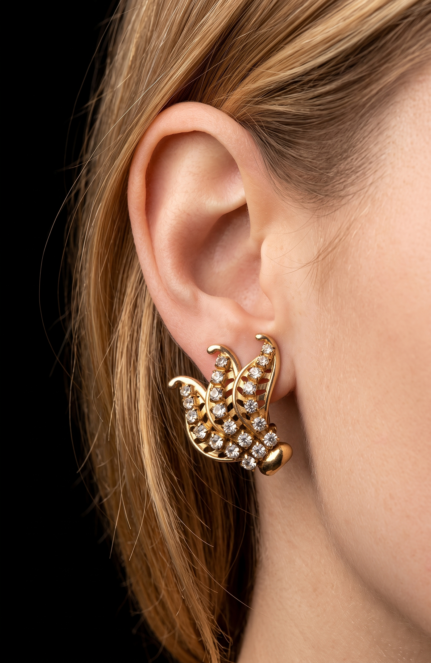 1940s clip on climber, gold tone rhinestone statement earrings