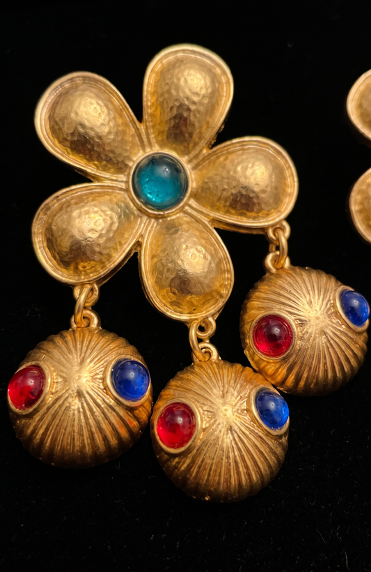 vintage 1960s signed Alice Cavaness gold plated pierced earrings with Jewel-tone red, blue, and green cabochons. France.