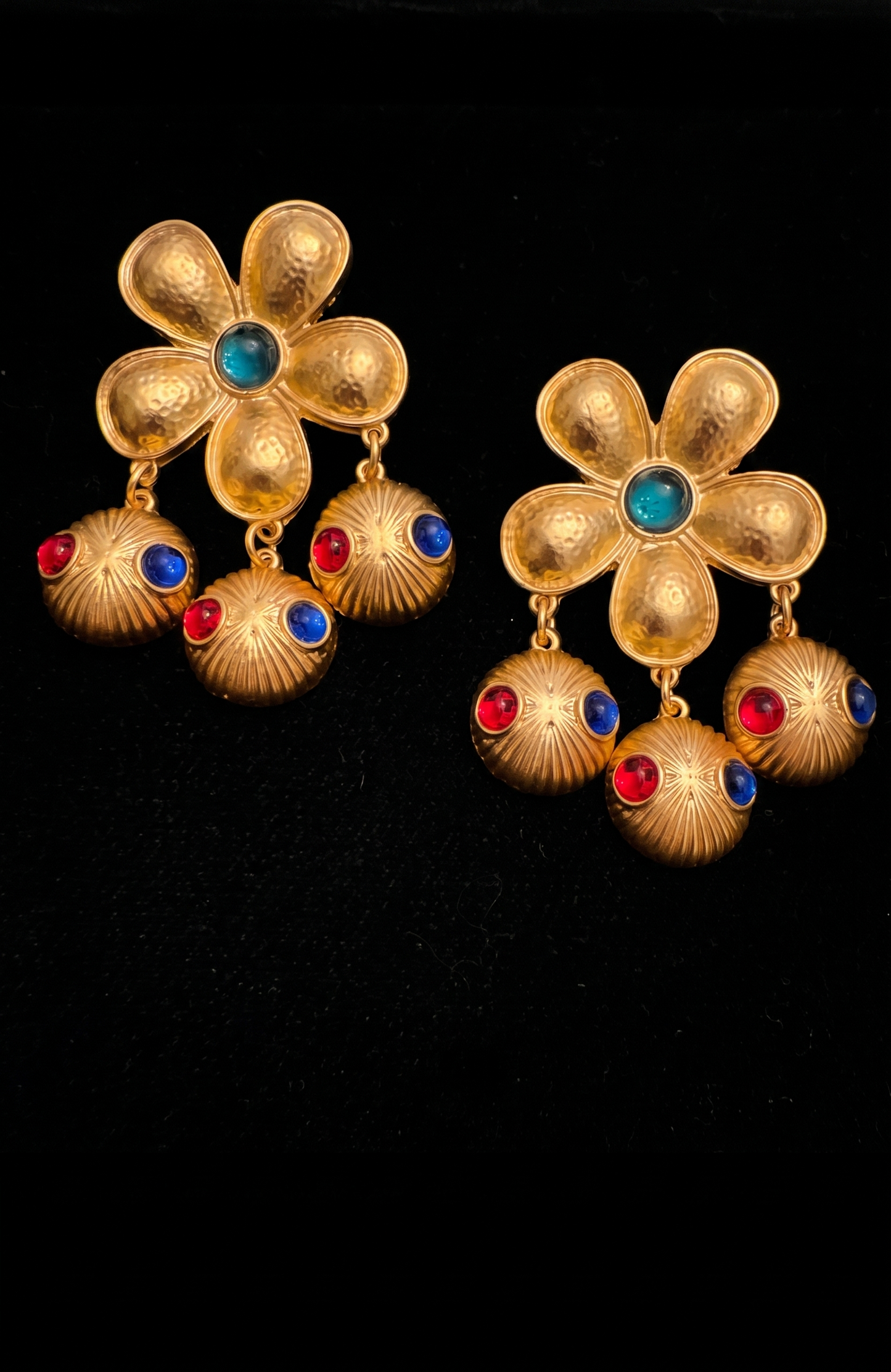 vintage 1960s signed Alice Cavaness gold plated pierced earrings with Jewel-tone red, blue, and green cabochons. France.