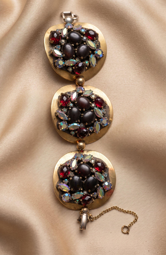 Vintage 1940s Schiaparelli signed rhinestone bracelet with red glass and aurora borealis stones ~ so beautiful