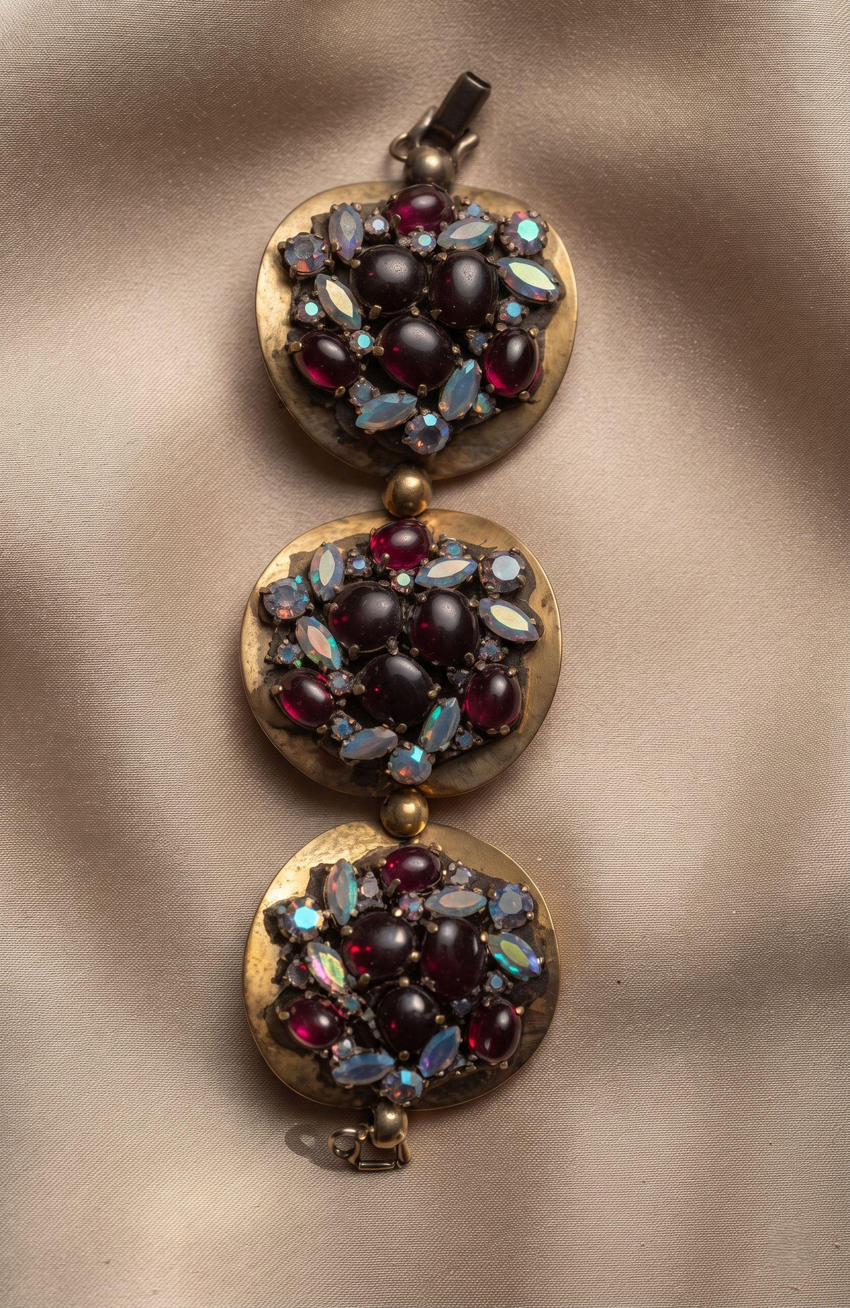 Vintage 1940s Schiaparelli signed rhinestone bracelet with red glass and aurora borealis stones ~ so beautiful