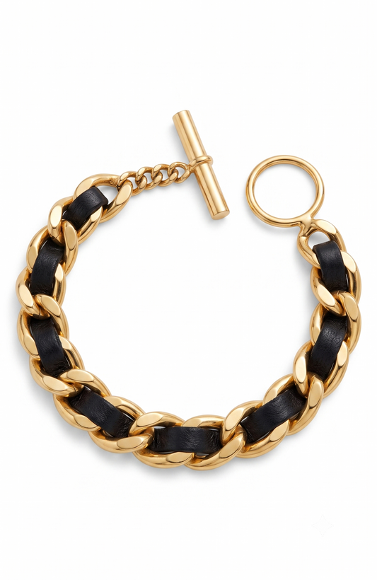 1990s signed Chanel vintage, leather and gold tone chain bracelet