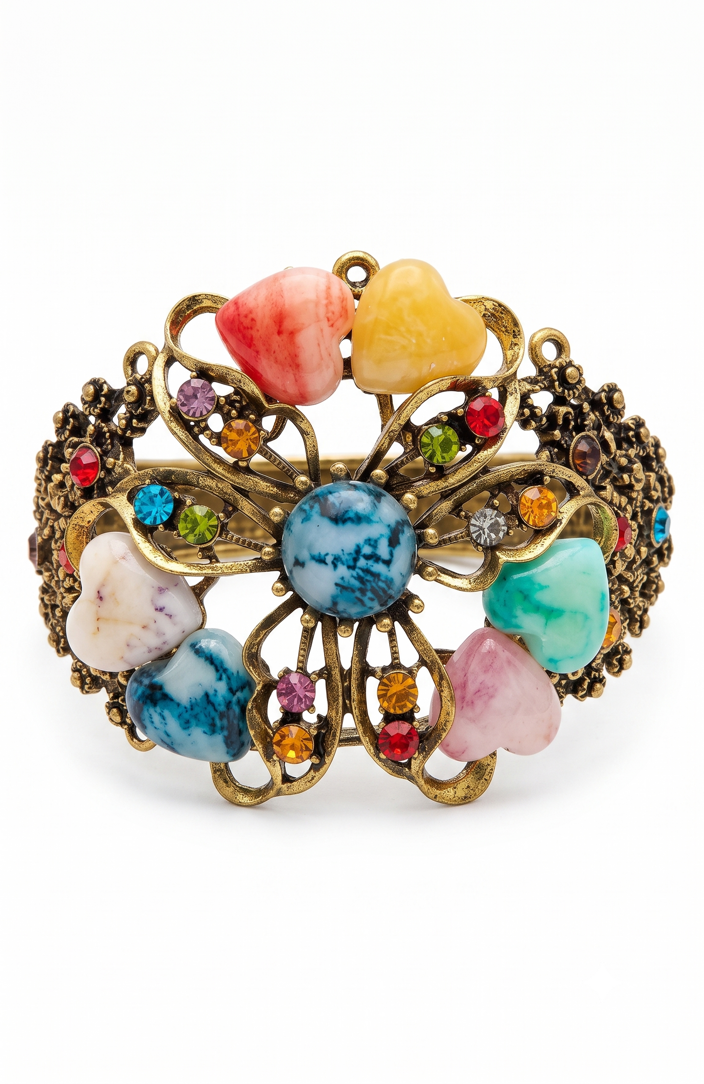 Beautiful 1980s clamper/cuff bracelet with colored rhinestones and heart shaped stones