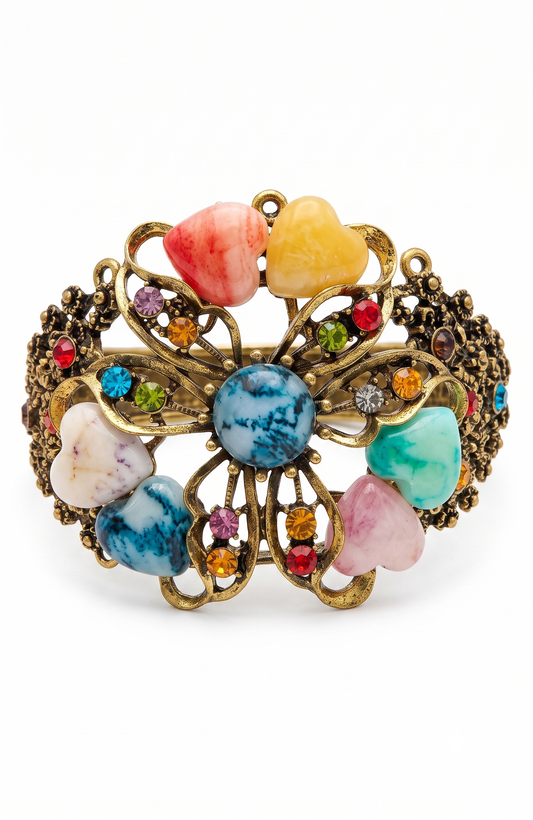 Beautiful 1980s clamper/cuff bracelet with colored rhinestones and heart shaped stones