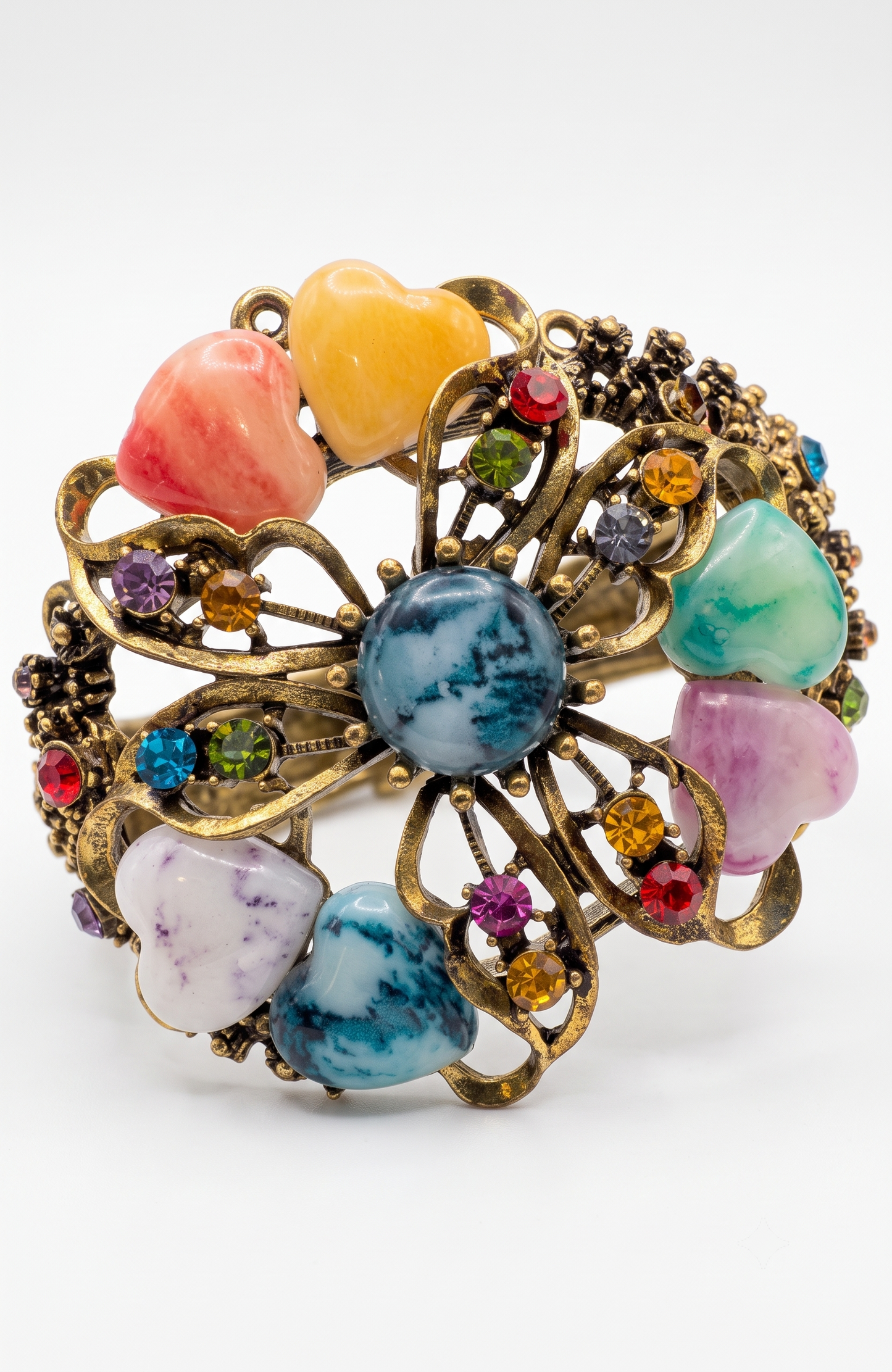 Beautiful 1980s clamper/cuff bracelet with colored rhinestones and heart shaped stones