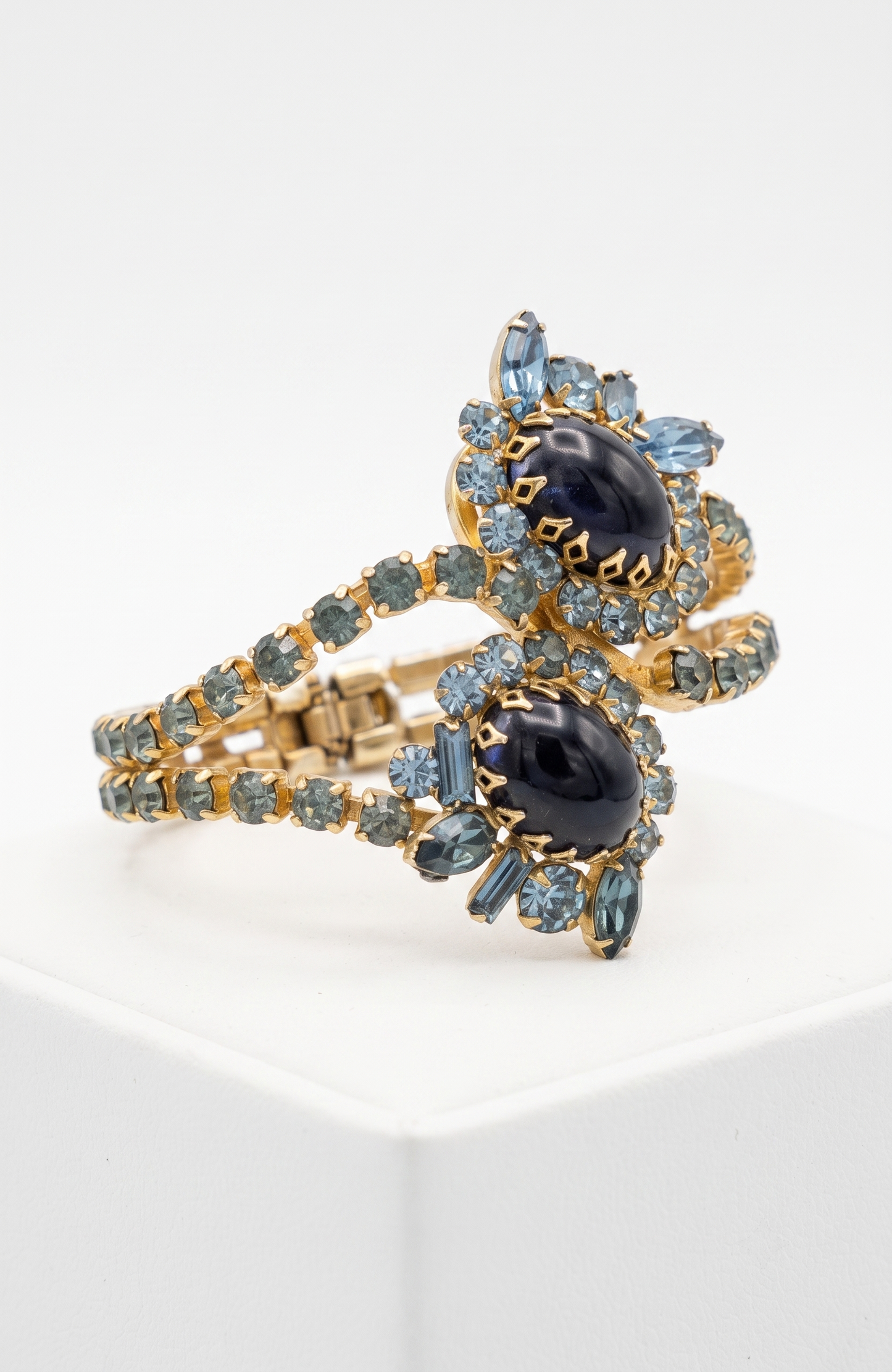Vintage Hattie Carnegie Clamper Bracelet Gold Tone Black Cabochon Blue Rhinestone Cuff | 1950s Designer Statement Jewelry