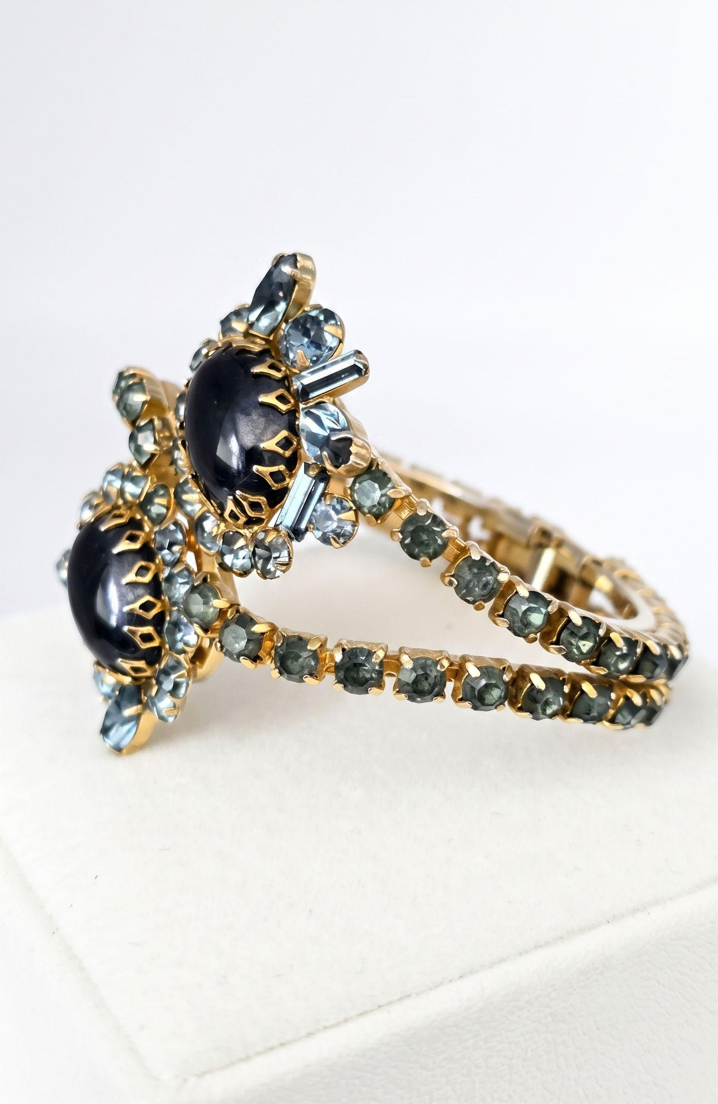 Vintage Hattie Carnegie Clamper Bracelet Gold Tone Black Cabochon Blue Rhinestone Cuff | 1950s Designer Statement Jewelry