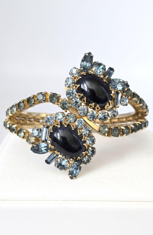 Vintage Hattie Carnegie Clamper Bracelet Gold Tone Black Cabochon Blue Rhinestone Cuff | 1950s Designer Statement Jewelry