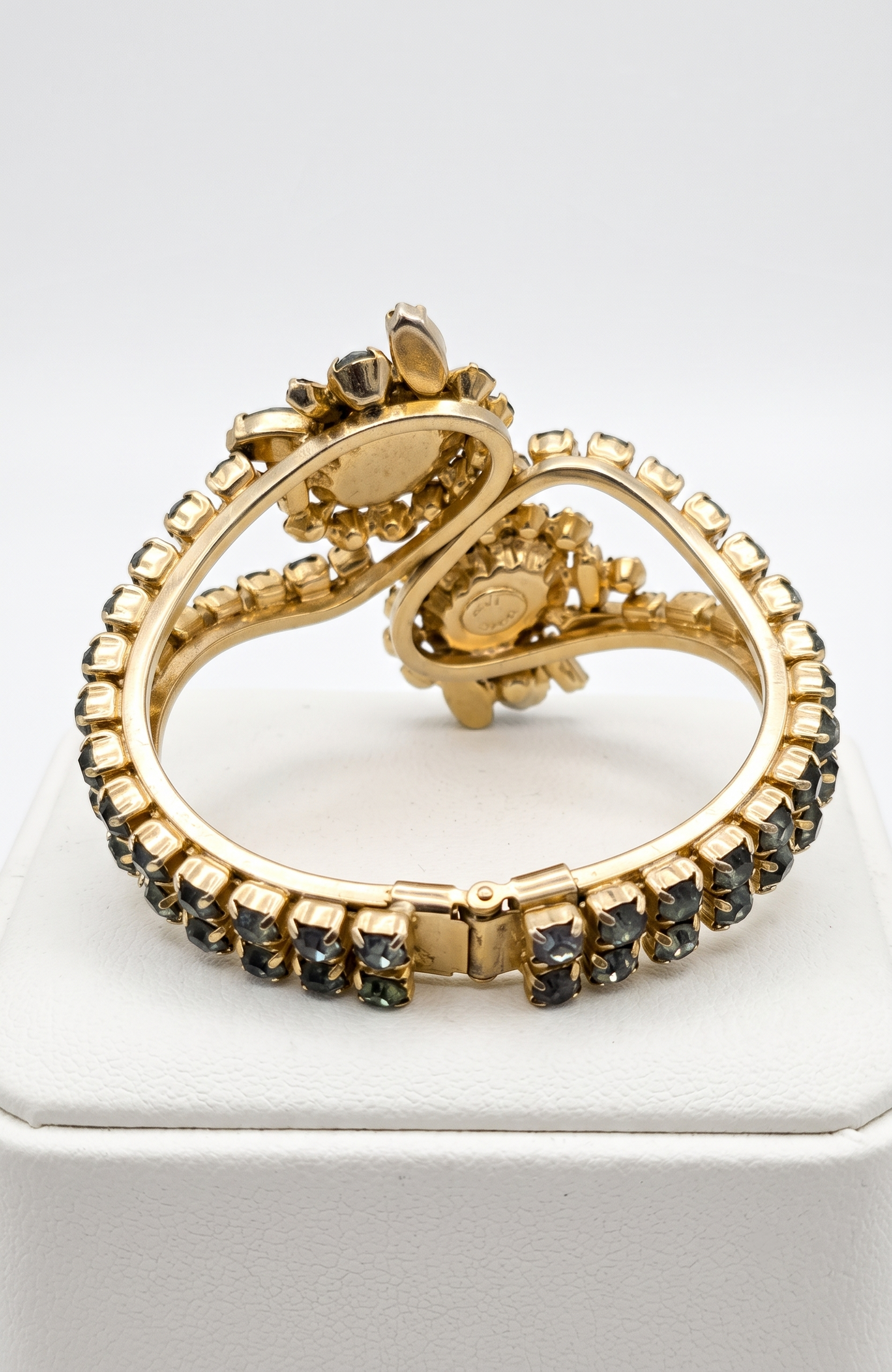 Vintage Hattie Carnegie Clamper Bracelet Gold Tone Black Cabochon Blue Rhinestone Cuff | 1950s Designer Statement Jewelry