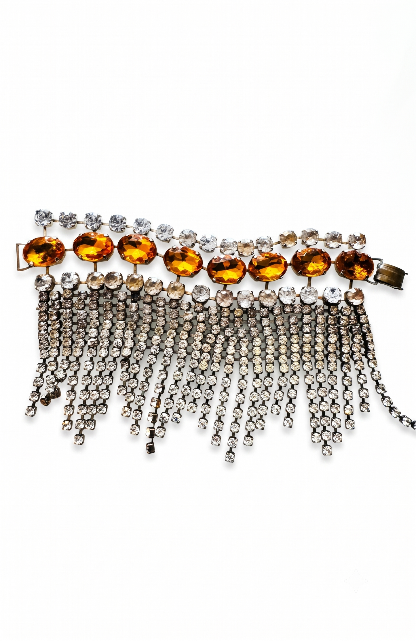 Wow Factor 1940s rhinestone jumbo fringe bracelet with clear and amber rhinestones. Missing one rhinestone. Oscar worthy!