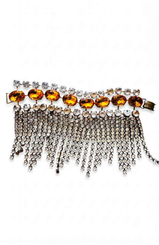 Wow Factor 1940s rhinestone jumbo fringe bracelet with clear and amber rhinestones. Missing one rhinestone. Oscar worthy!