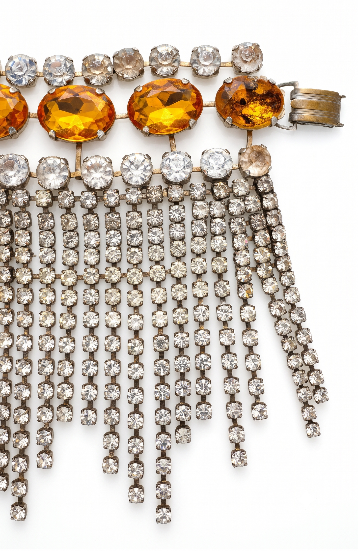 Wow Factor 1940s rhinestone jumbo fringe bracelet with clear and amber rhinestones. Missing one rhinestone. Oscar worthy!
