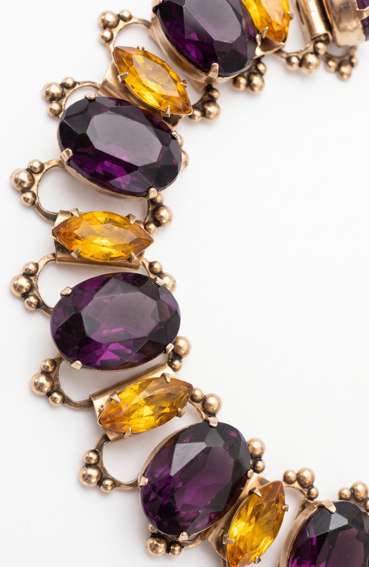 vintage rhinestone amethyst and amber colored book chain bracelet