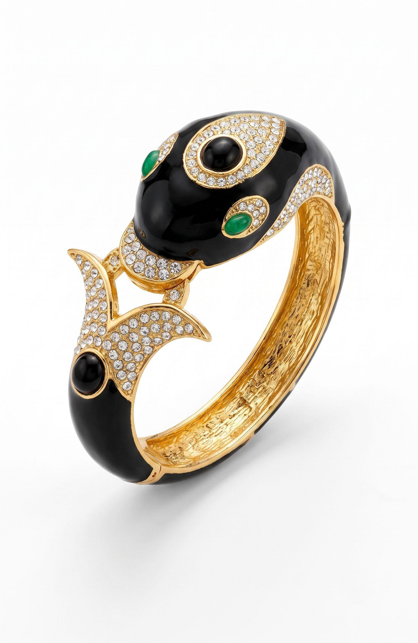 1970s/80s iconic  signed CINER Dolphin Bracelet in Black Enamel, Rhinestones. Gold Plated and Hinged