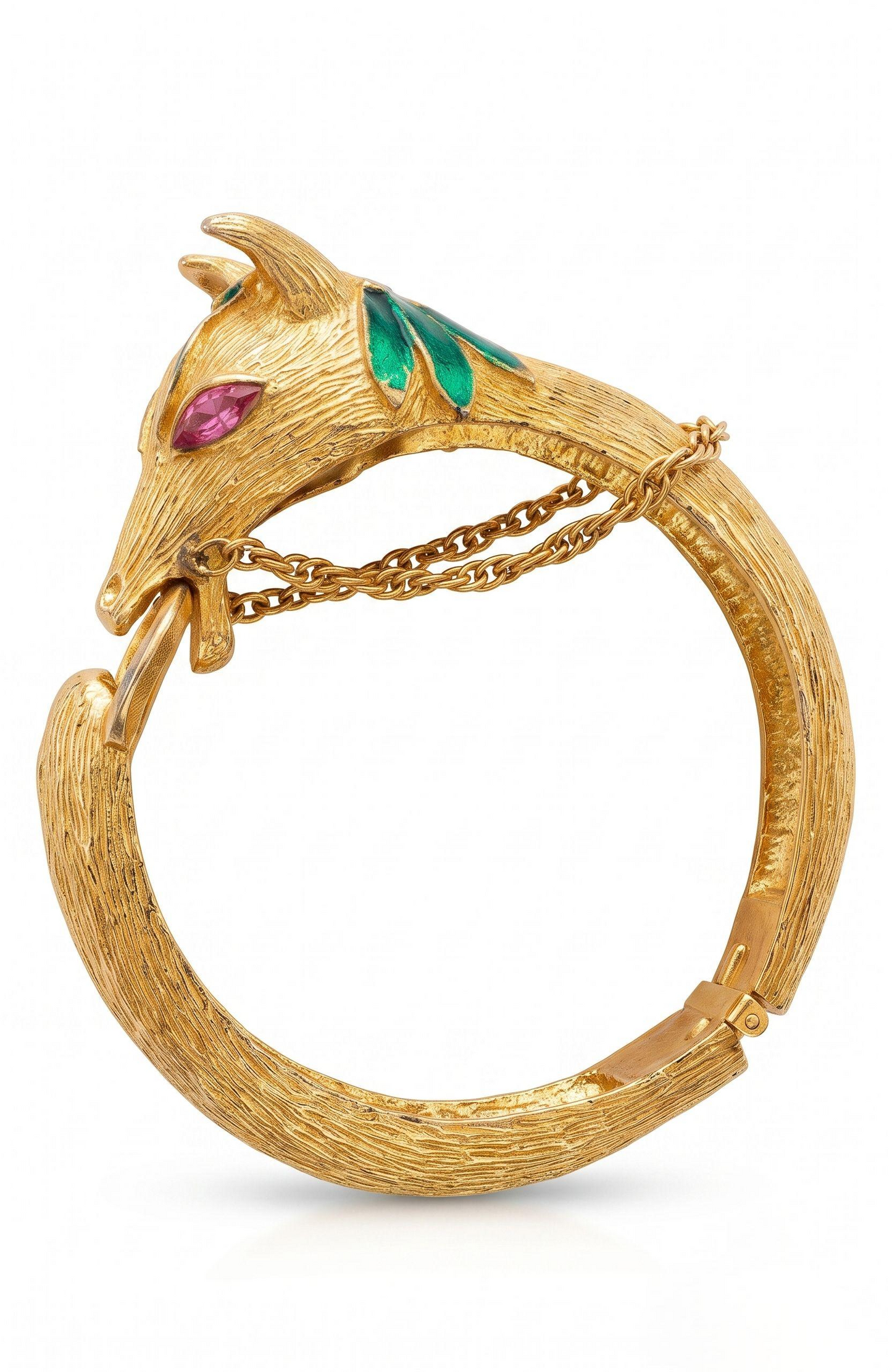 Vintage gold plate and enamel horse clamper bracelet with pink rhinestone eyes
