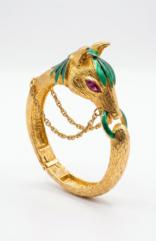 Vintage gold plate and enamel horse clamper bracelet with pink rhinestone eyes