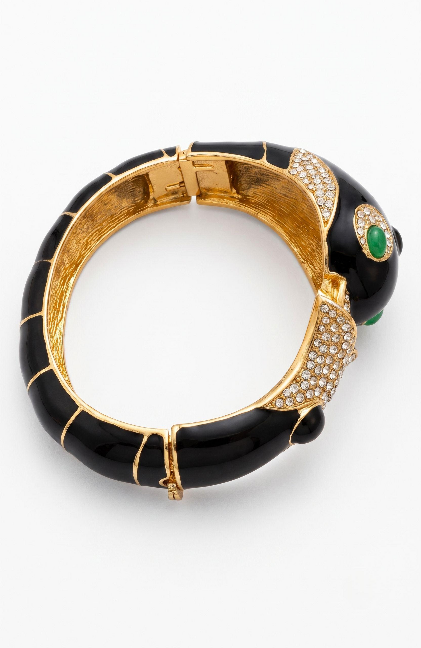 1970s/80s iconic  signed CINER Dolphin Bracelet in Black Enamel, Rhinestones. Gold Plated and Hinged