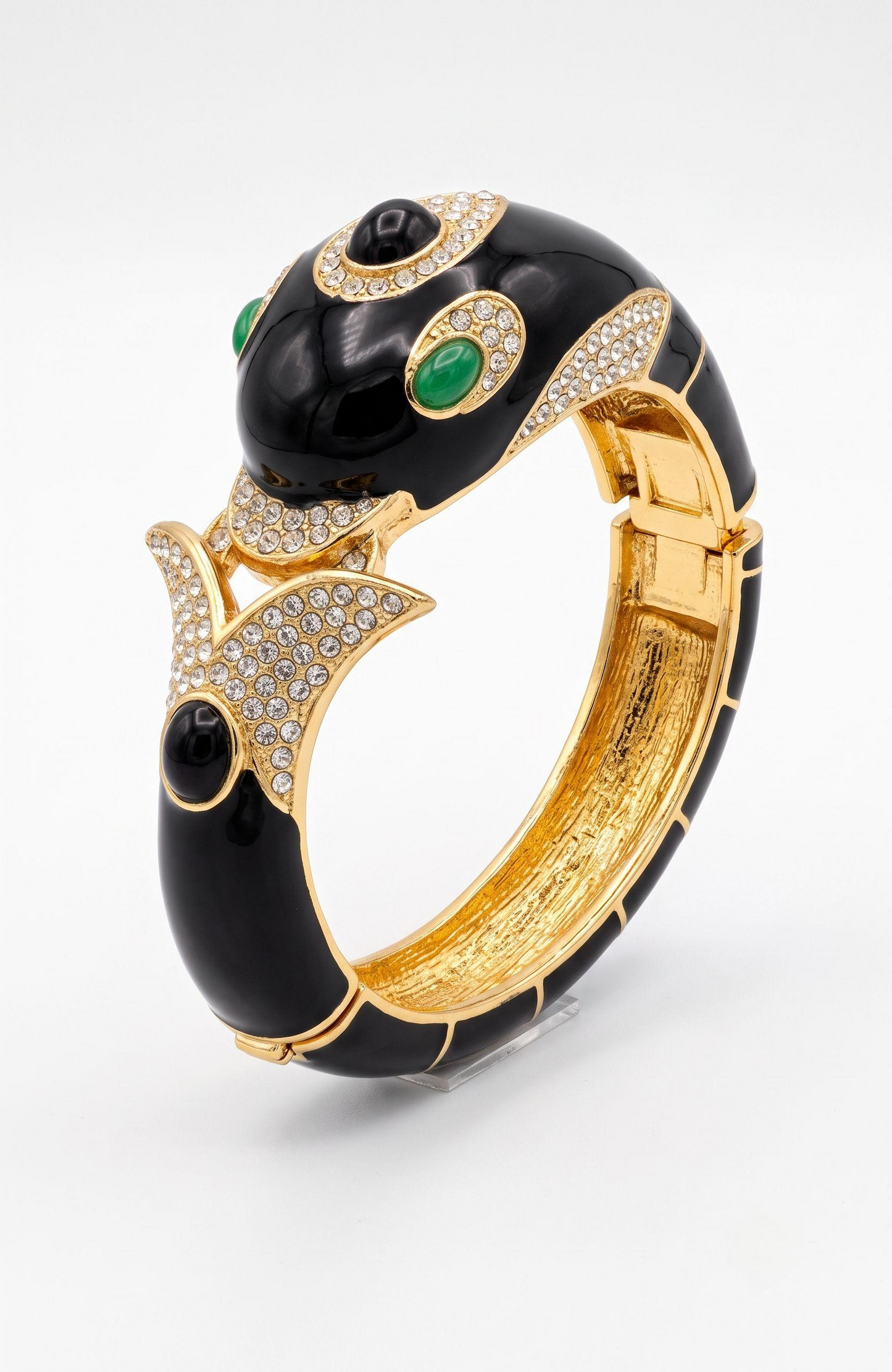 1970s/80s iconic  signed CINER Dolphin Bracelet in Black Enamel, Rhinestones. Gold Plated and Hinged