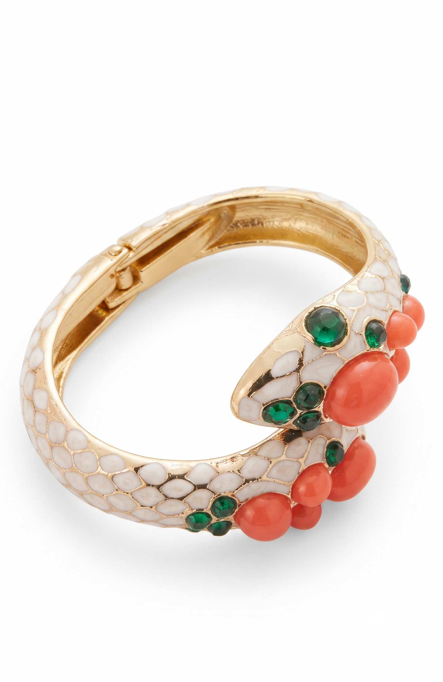 Trifari gorgeous 1968 snake clamper bracelet with green glass and faux coral cabachon stones. Unsigned from L'Orient Collection
