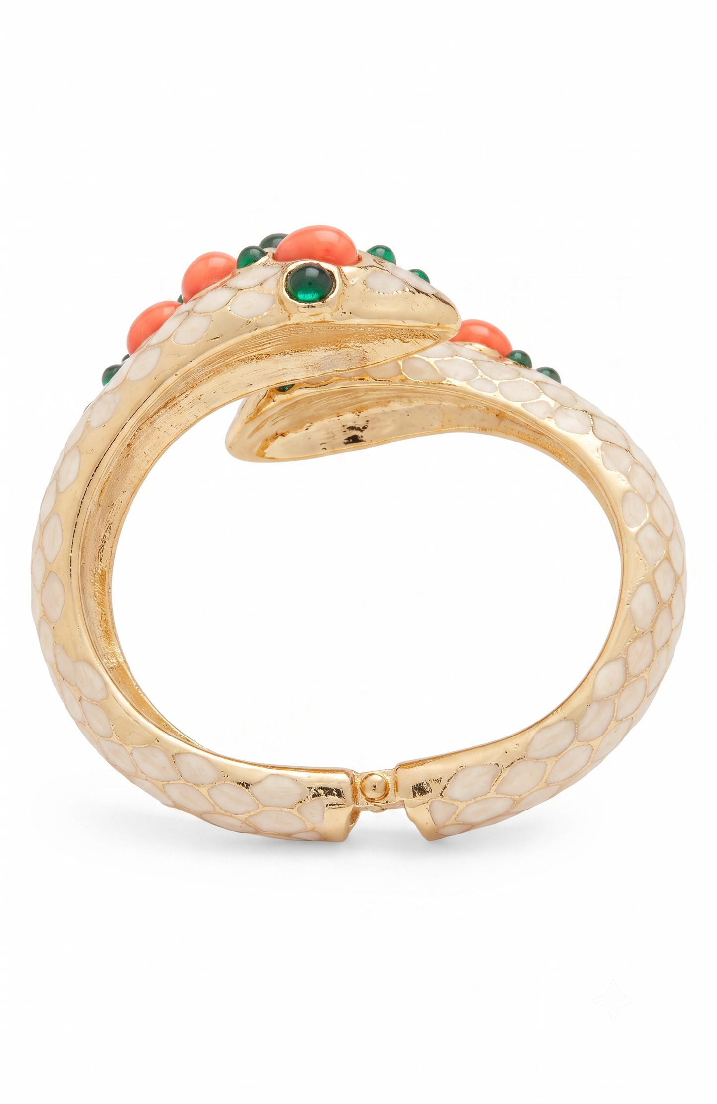 Trifari gorgeous 1968 snake clamper bracelet with green glass and faux coral cabachon stones. Unsigned from L'Orient Collection
