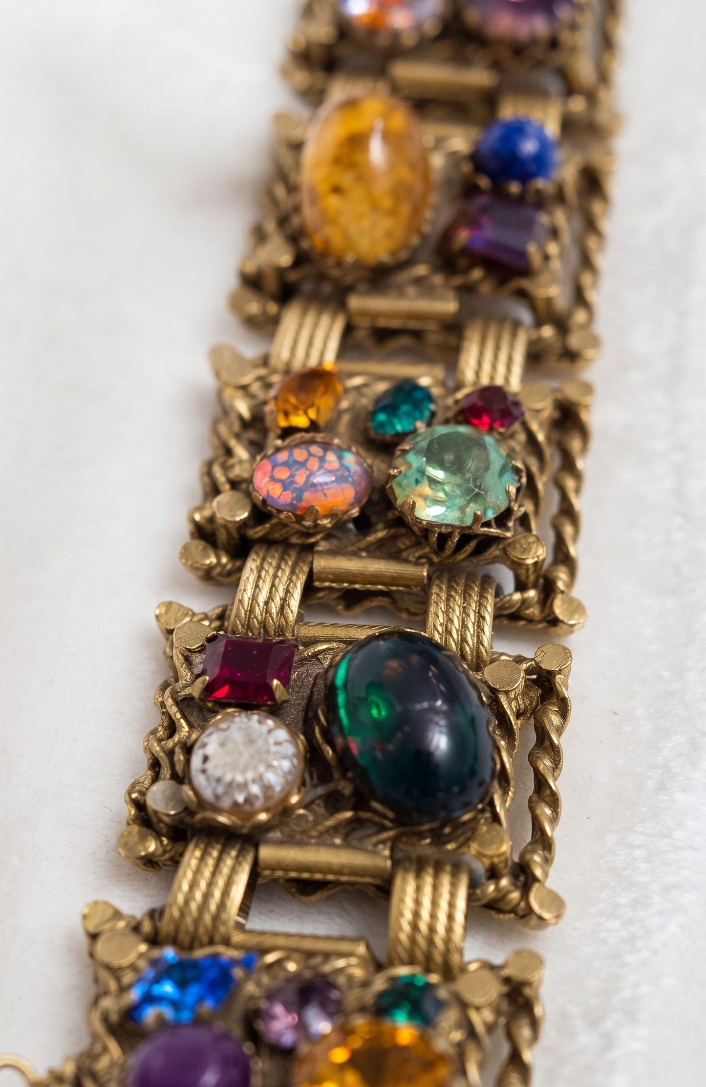 Absolutely stunning 1950s colorful rhinestone and cabochon bracelet with safety launch