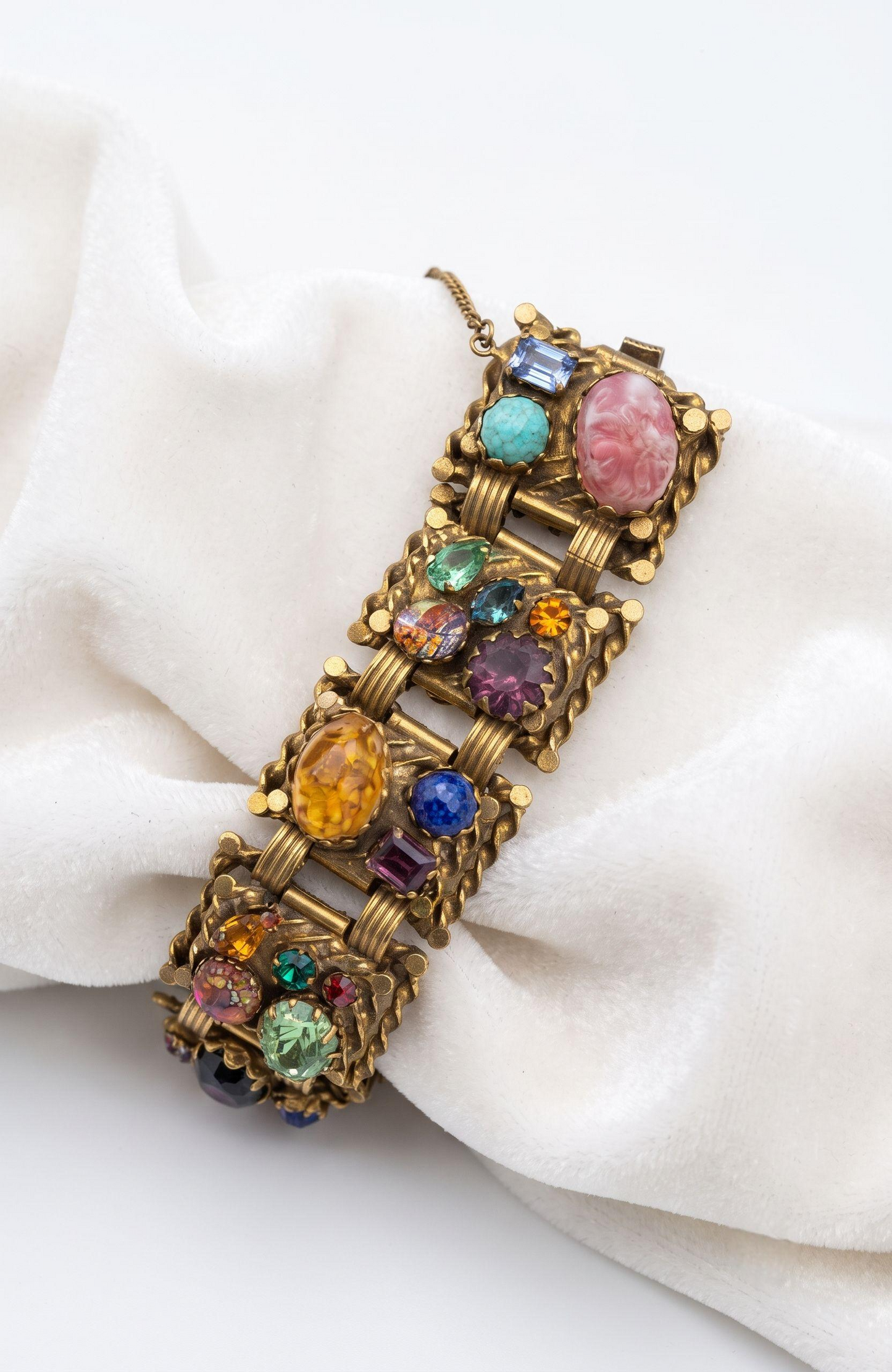 Absolutely stunning 1950s colorful rhinestone and cabochon bracelet with safety launch