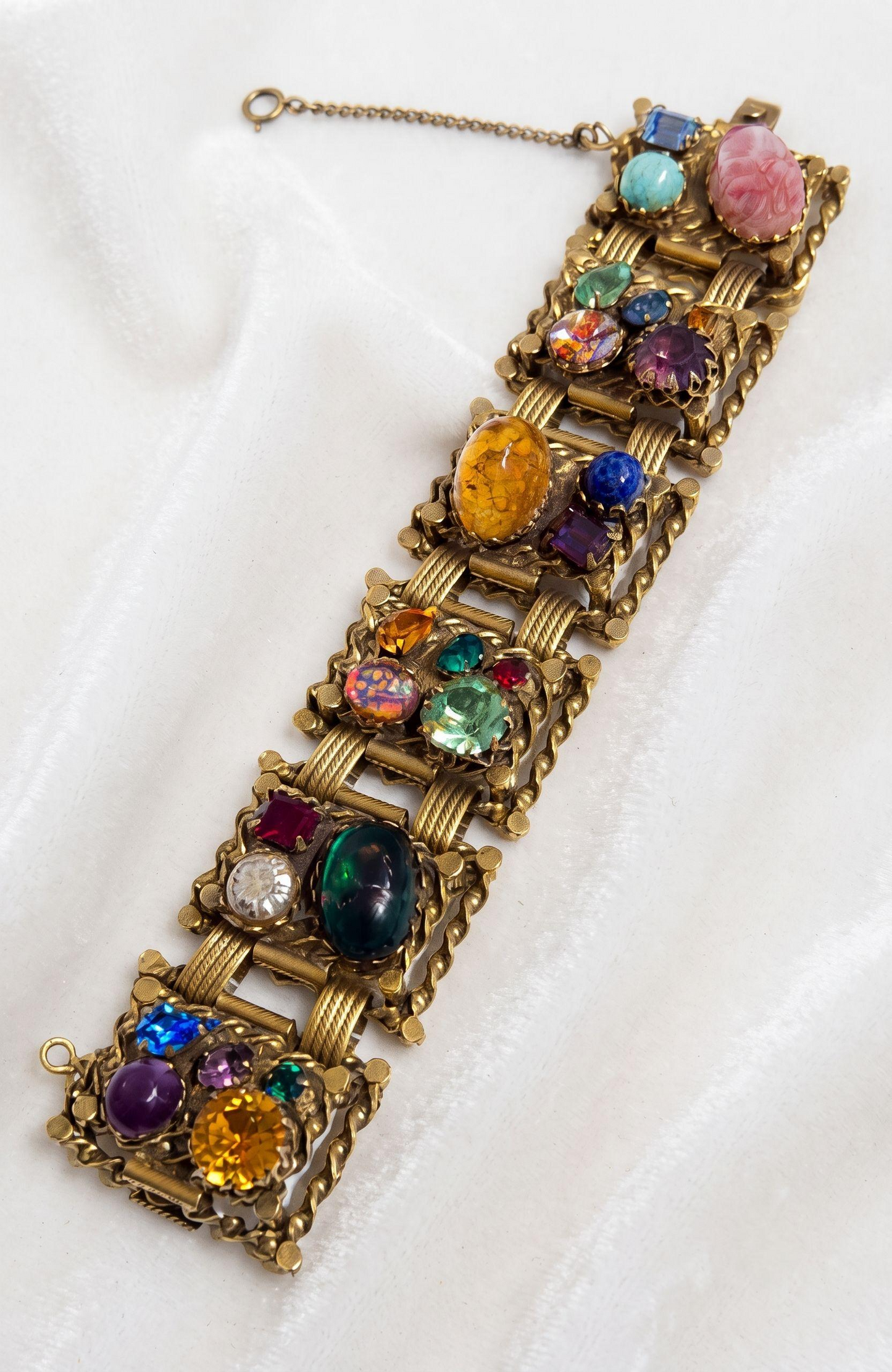 Absolutely stunning 1950s colorful rhinestone and cabochon bracelet with safety launch