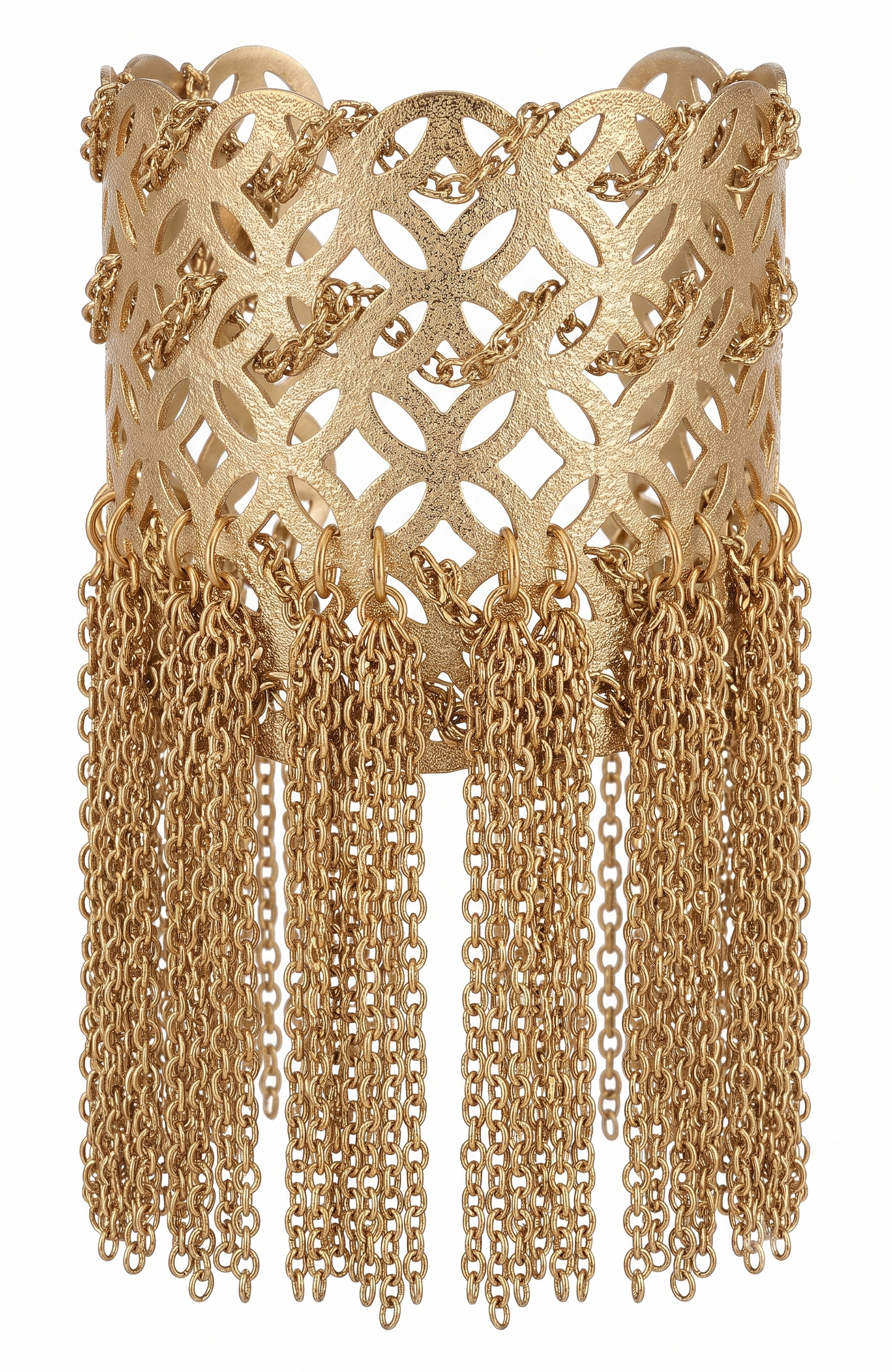 WOW! fabulous 1960s gold tone fringe tassel filigree with chain statement cuff bracelet.