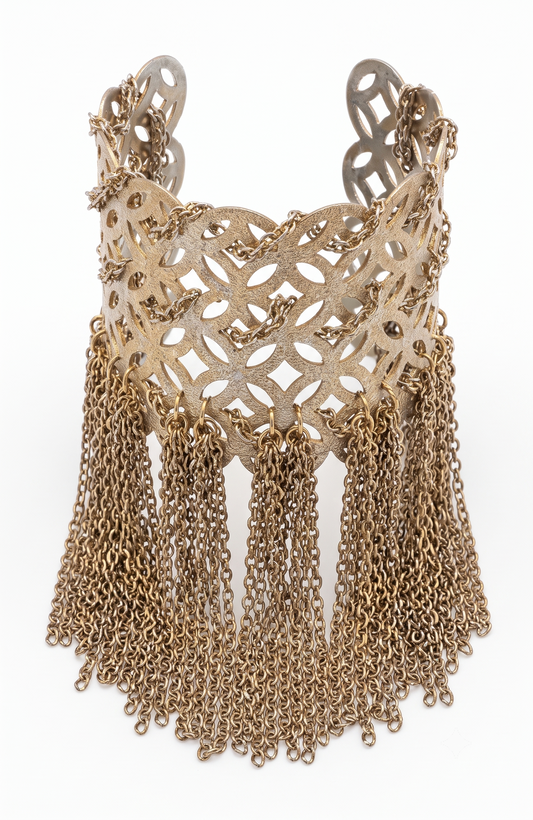 WOW! fabulous 1960s gold tone fringe tassel filigree with chain statement cuff bracelet.