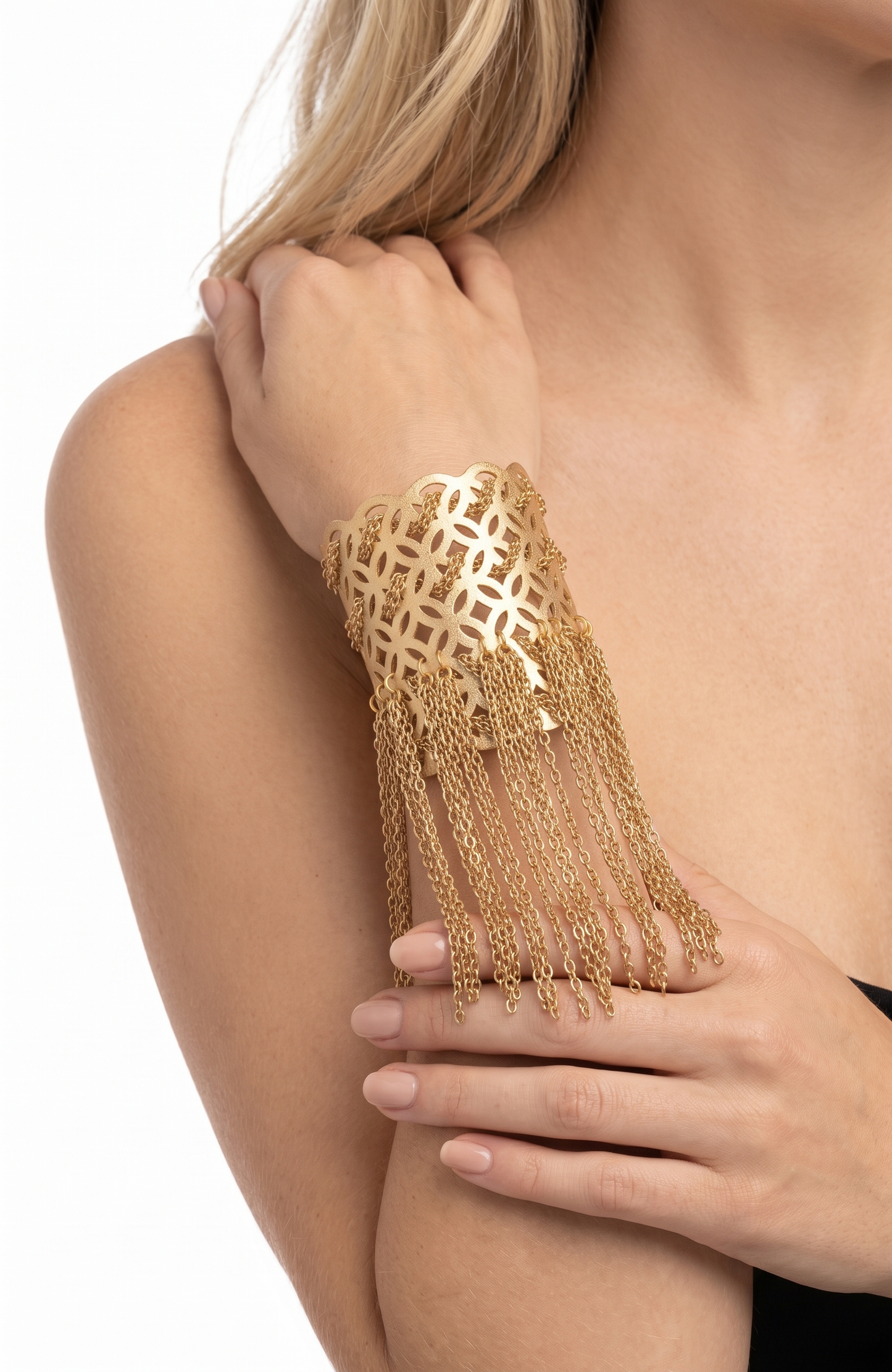 WOW! fabulous 1960s gold tone fringe tassel filigree with chain statement cuff bracelet.