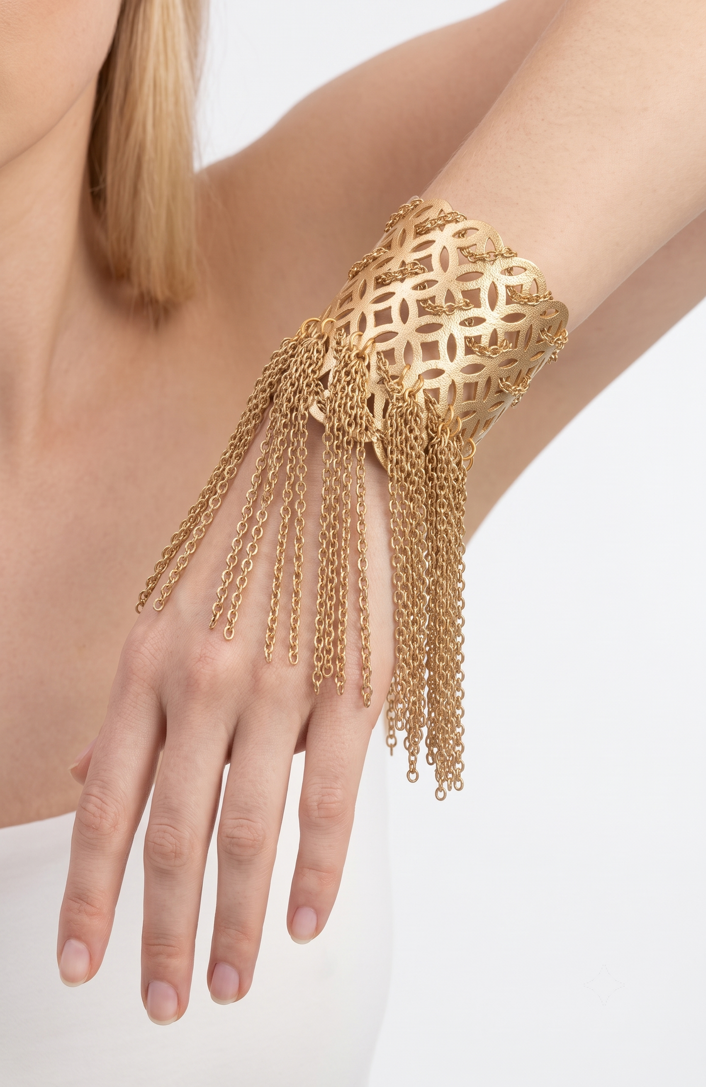 WOW! fabulous 1960s gold tone fringe tassel filigree with chain statement cuff bracelet.