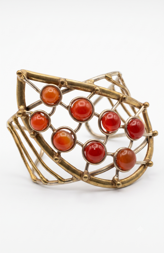 1970s vintage brass with carnelian stone cuff bracelet. 3 inches wide.