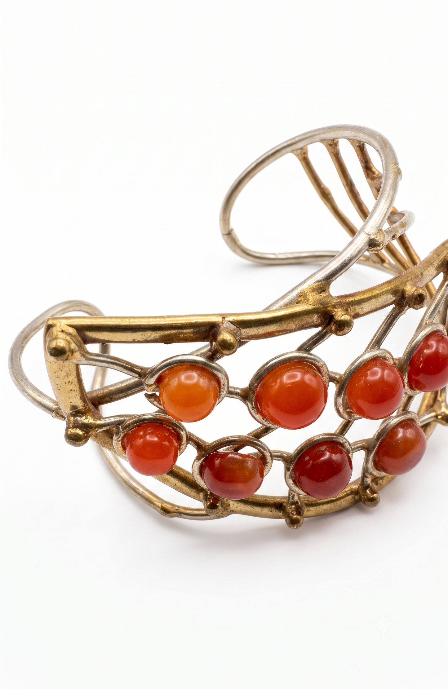 1970s vintage brass with carnelian stone cuff bracelet. 3 inches wide.