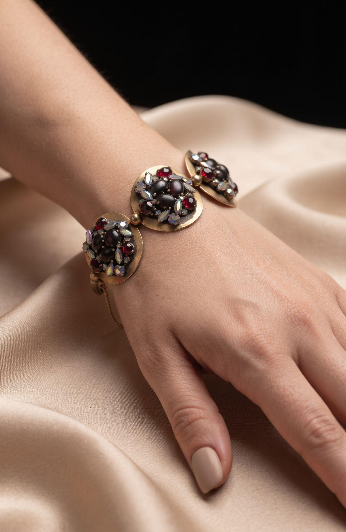 Vintage 1940s Schiaparelli signed rhinestone bracelet with red glass and aurora borealis stones ~ so beautiful